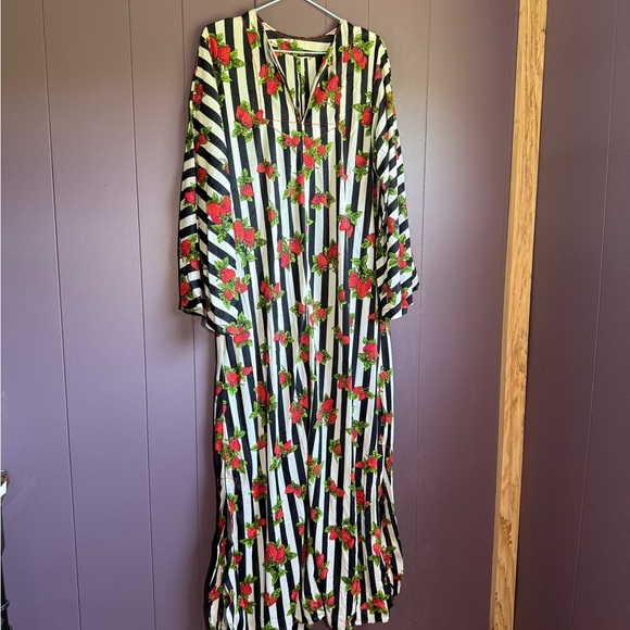 Vintage 70s Strawberry Stripe Maxi Dress – Long Sleeve Fruit Print Slip - Picture 6 of 7